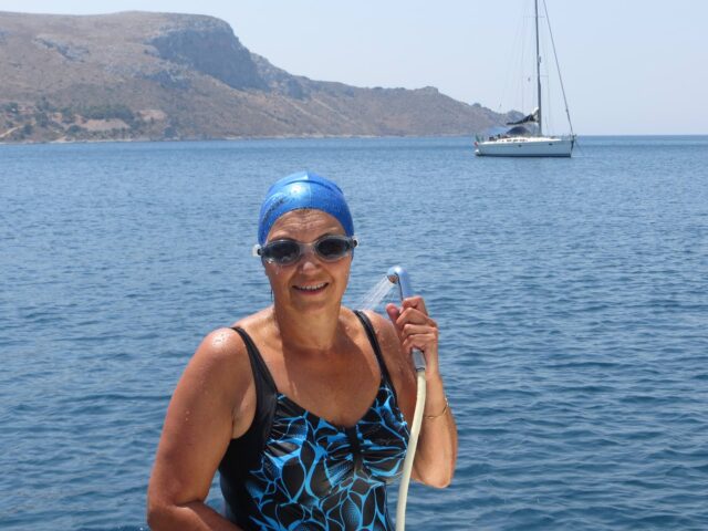 Beate nach dem Schwimm mit den neuen Utensilien